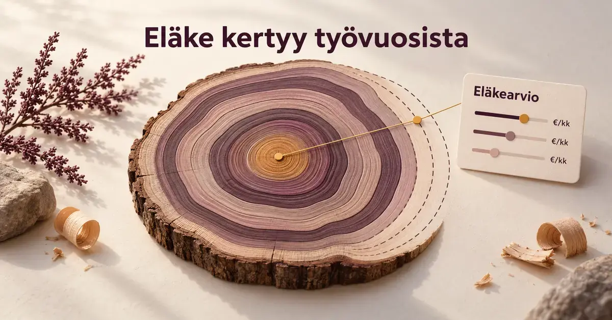 Puun vuosirenkaat havainnollistavat eläkkeen kertymistä työvuosien aikana, ja katkoviivarenkaat sekä eläkearvion säätimet kuvaavat tulevan kuukausieläkkeen arviointia.