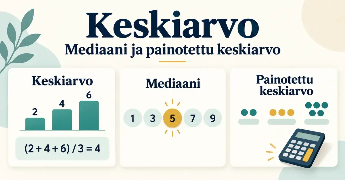 Havainnekuva keskiarvon laskukaavasta, mediaanin keskimmäisestä arvosta sekä painotetusta keskiarvosta erikokoisten pisteryhmien ja laskimen avulla.