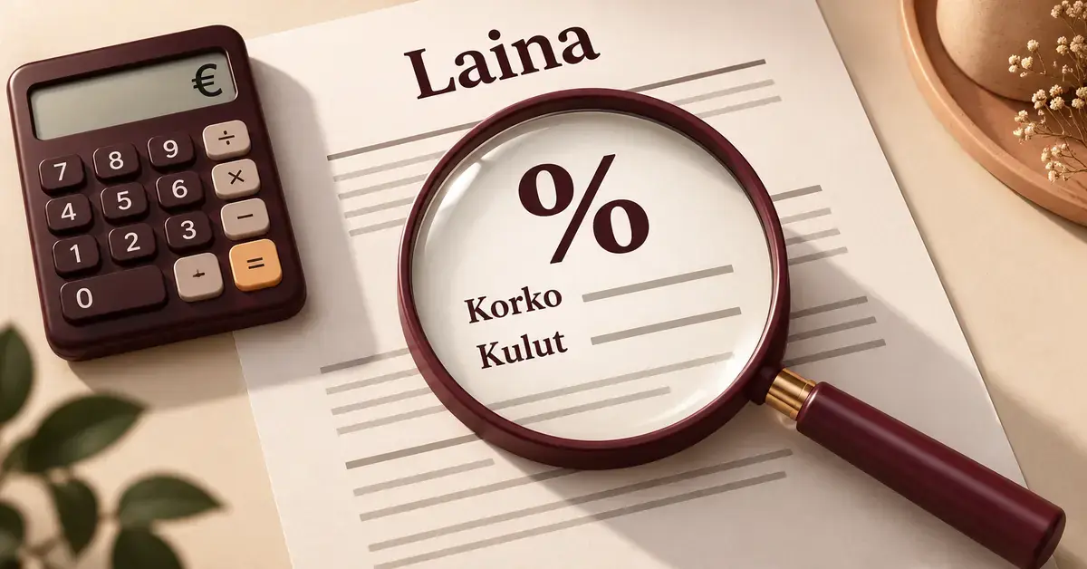Suurennuslasi korostaa lainapaperin prosenttimerkkiä sekä korkoja ja kuluja kuvaavia tekstejä laskimen vieressä.