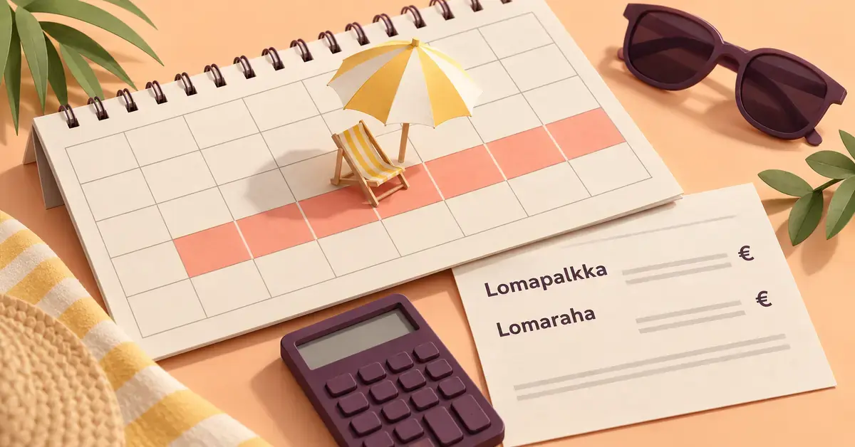 Lomakalenterin päälle asetetut aurinkovarjo ja lepotuoli sekä palkkalaskelma ja laskin havainnollistavat lomarahan arviointia ja kesäloman taloussuunnittelua.